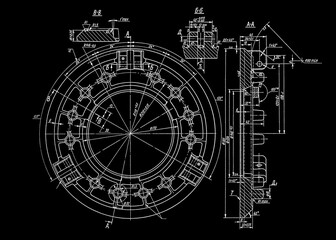Clutch disc of car wheel.
Engineering automotive mechanical drawing of steel 
device. Industrial cad scheme on paper sheet. 
Technology design of machine building industry. 
Machined template.