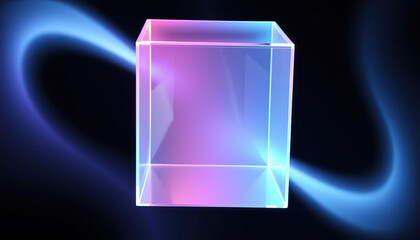 Holographic translucent cube with pastel gradient colors floating on black background, 3D rendering, soft neon glow, high resolution