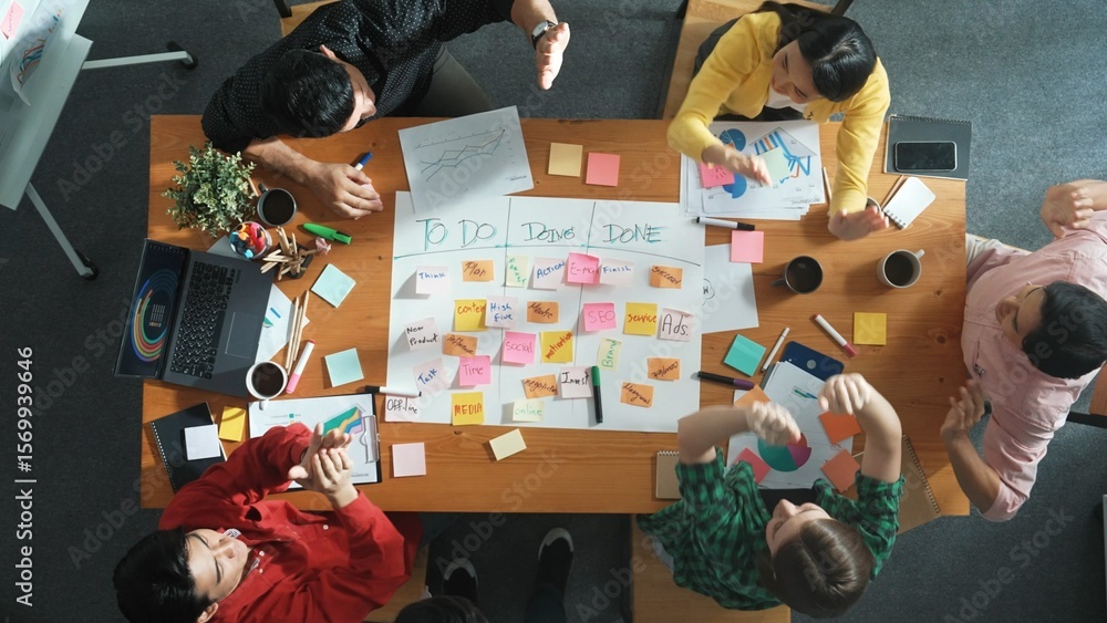 Poster top down aerial view of smart business team making scrum task board at meeting room. group of smart 