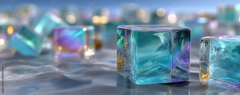 Poster colorful translucent cubic objects on a reflective surface with soft lighting