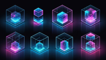 Holographic translucent cube with pastel gradient colors floating on black background, 3D rendering, soft neon glow, high resolution
