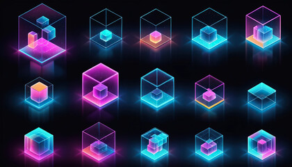 Holographic translucent cube with pastel gradient colors floating on black background, 3D rendering, soft neon glow, high resolution