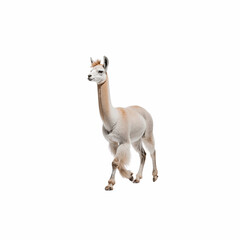 Fototapeta premium Llama in motion: A majestic llama strides forward, its elegant form captured against a pristine background, highlighting its unique qualities and grace.