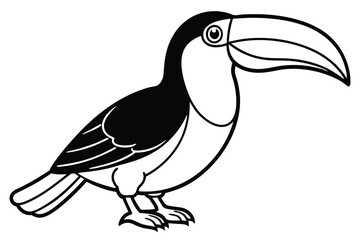 Black and White Cartoon Toucan Standing Side View with Big Beak Illustration
