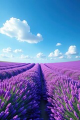 Vast purple lavender field under a bright blue sky , fresh, color, wellness