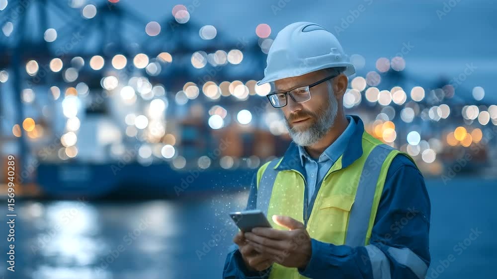 Poster engineer uses digital interface to track global shipments near loading area, industrial skyline glow