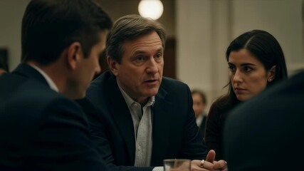 Businessmen in serious discussion at dimly lit restaurant table. Corporate meeting scene with three professionals in suits. Tense negotiation or decision-making moment. - Powered by Adobe