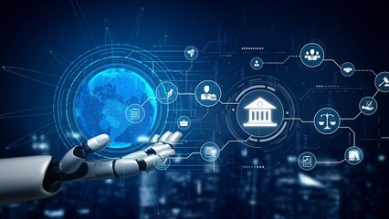 Futuristic digital law interface displaying justice scale, highlighting digital law, AI compliance,...
