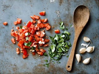 Tomatoes basil garlic cooking ingredients rustic background top view
