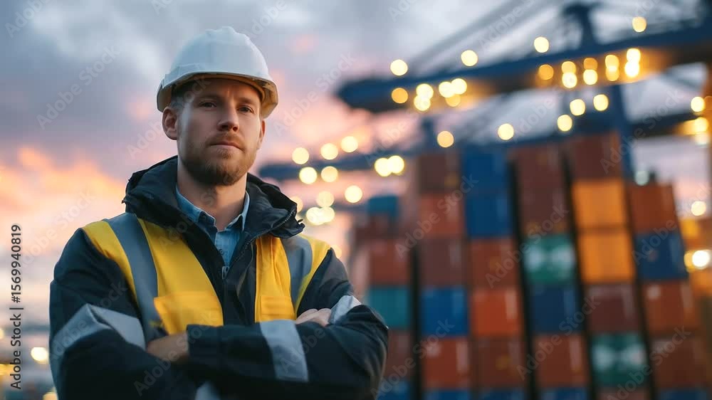 Poster engineer with hardhat standing in front of illuminated cargo stacks, sunset gradients casting long s