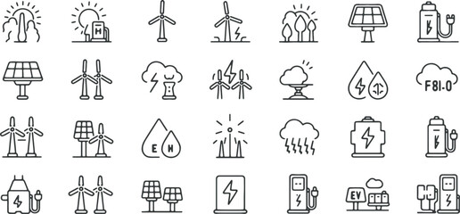 Renewable Energy Line Icons Set – Solar, Wind, EV Charging, Battery, Hydrogen, and Eco Power Vector Symbols