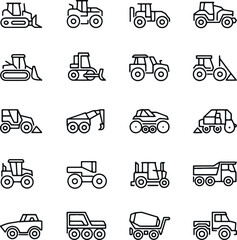 Construction Vehicles Line Icons Set – Bulldozer, Tractor, Excavator, Cement Mixer, Dump Truck, and Heavy Equipment Vector