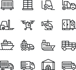 Logistics and Transportation Line Icon Set – Warehouse, Truck, Ship, Forklift, Drone Vector Illustration