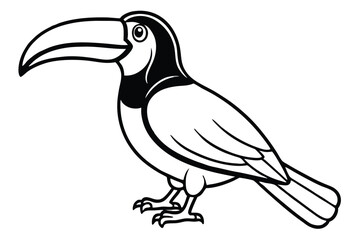 Black and White Cartoon Toucan Illustration with Detailed Feathers and Large Beak