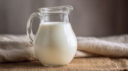 The fresh milk jug resting elegantly on a rustic table with natural light.