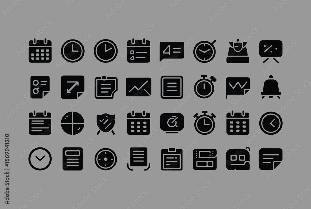 Poster collection of modern black flat icons representing time management tasks scheduling and business org