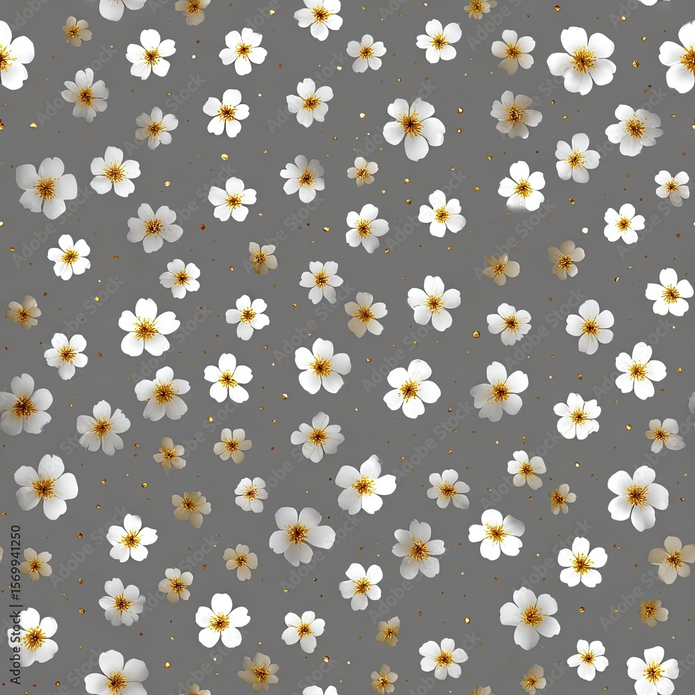 Poster delicate pattern features white flowers scattered on a grey background, showcasing a charming and si