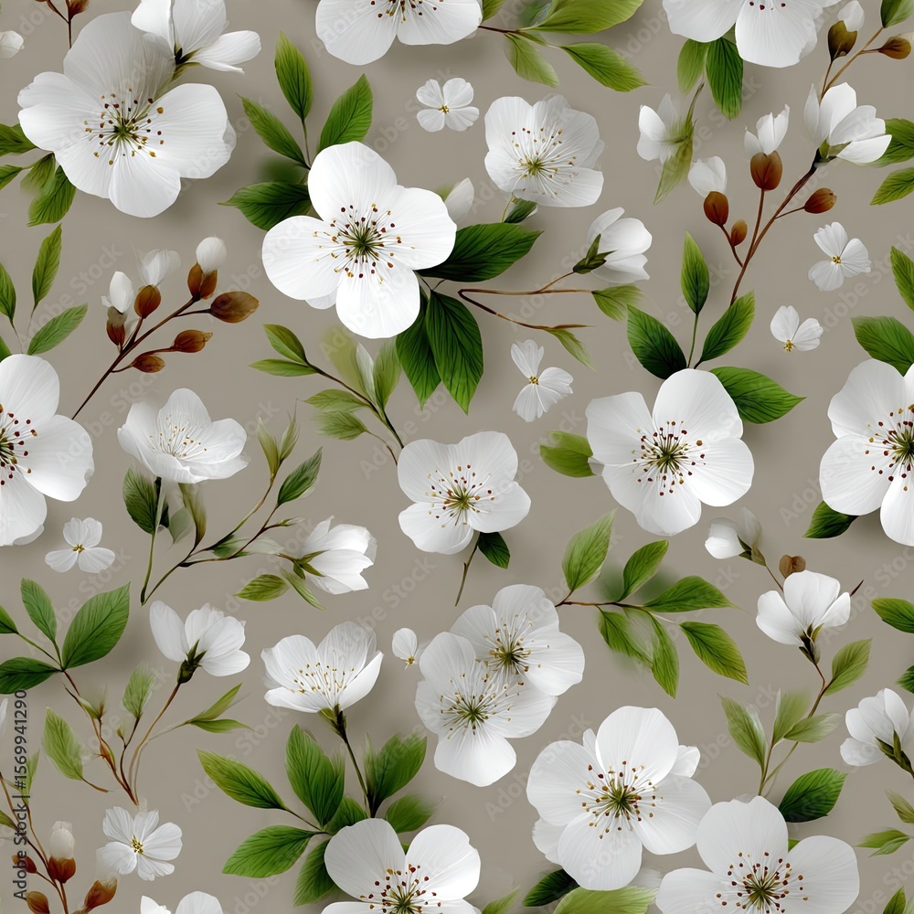 Poster delicate pattern features white flowers scattered on a grey background, showcasing a charming and si