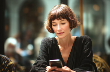 Mujer joven sonriente con cabello rizado, usando su smartphone en una terraza urbana. Conexión digital urbana, disfrutando de un momento personal y relajado en la ciudad.