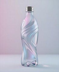 A sleek 3D water bottle design with flowing lines and iridescent accents, showcased against a minimalist, pastel backdrop.