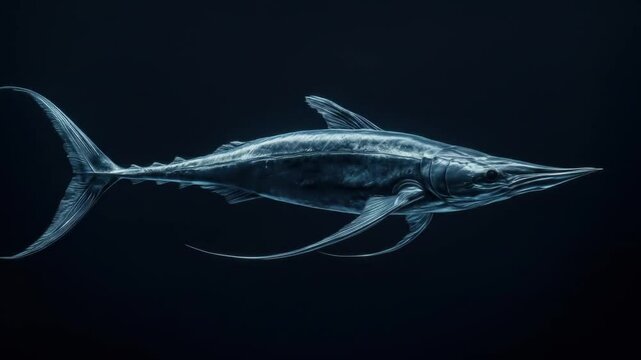 Sleek swordfish swims in inky depths