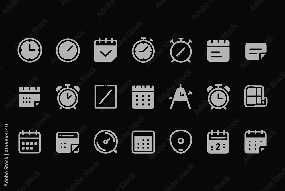 Poster a collection of simple gray icons representing time management and planning including clocks calenda
