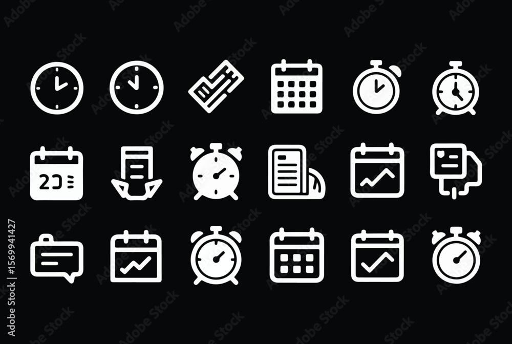 Poster collection of white icons representing time management tasks like clocks calendars alarms and to do 