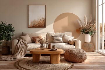 Cozy Living Room With Beige Sofa and Wooden Accents in Natural Light