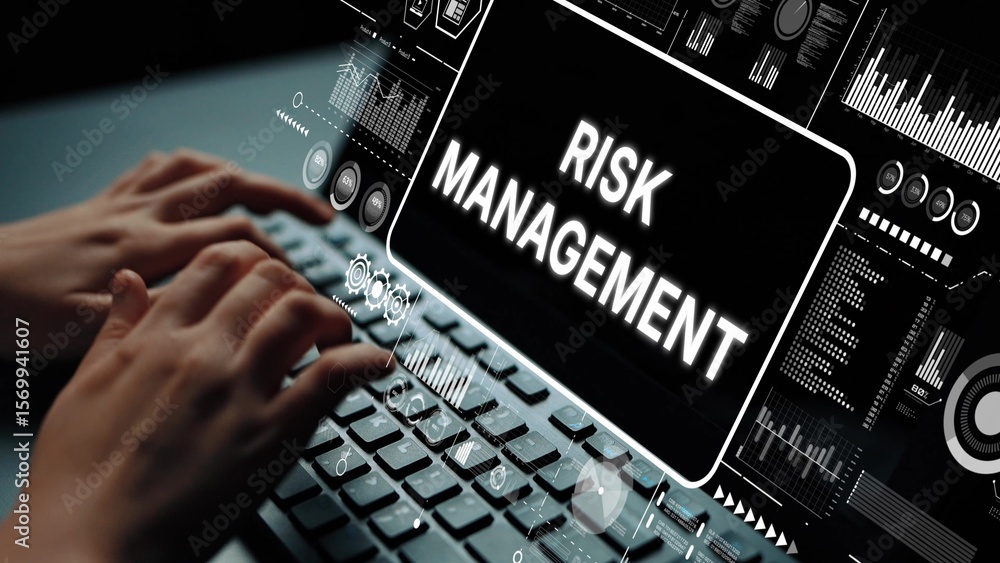 Poster concept of risk management with hands typing on keyboard surrounded by data visualization elements. 
