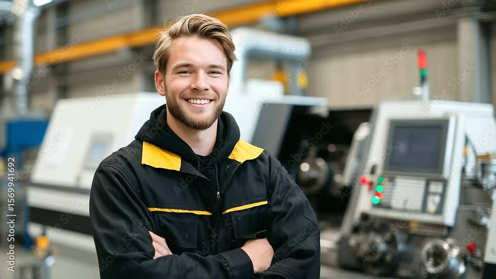 Poster factory environment with a cheerful engineer standing firmly next to heavy-duty cnc lathe, industria