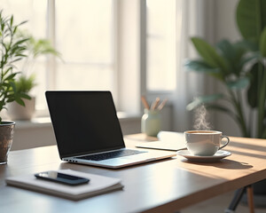 Modern Office Desk with Laptop and Smartphone