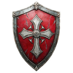 Ornate medieval heater shield with red surface and silver cross emblem isolated on transparent background