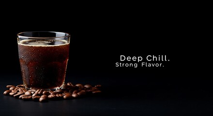Cold brew coffee in glass with coffee beans on dark background  