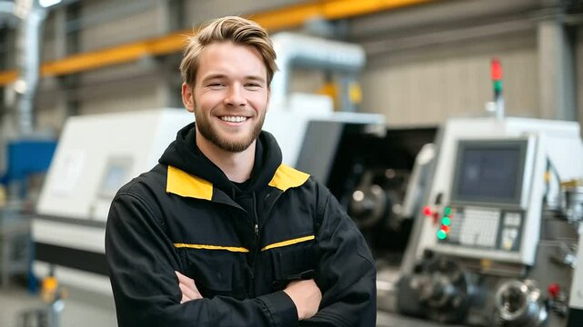 Factory environment with a cheerful engineer standing firmly next to heavy-duty CNC lathe, industrial textures and pipe systems frame the technical workspace.