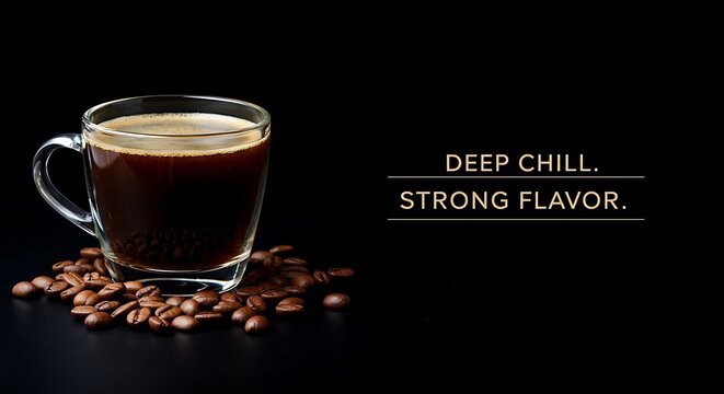 Coffee cup filled with dark brew beside scattered coffee beans  