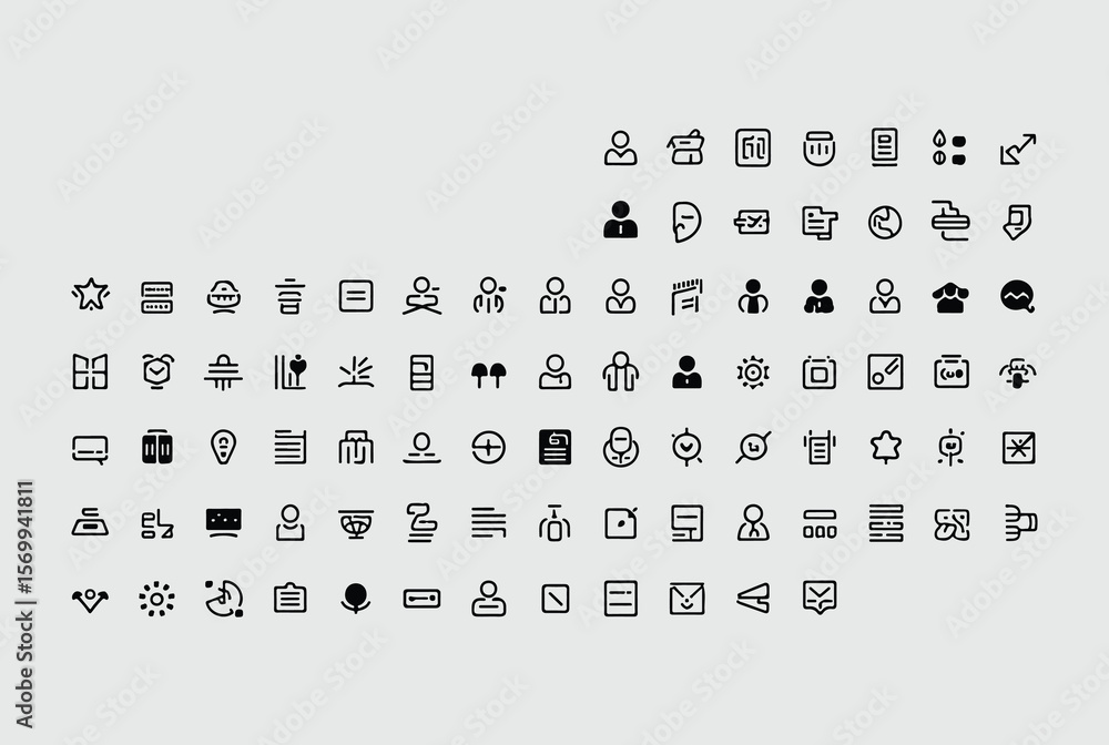 Poster collection of diverse minimalist black line art icons representing various concepts like people comm