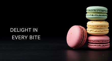 Colorful macarons stacked on a dark surface with text overlay  