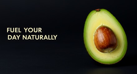 Fresh avocado half with seed on dark background  