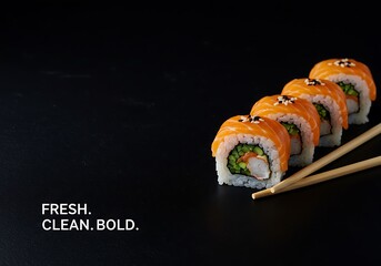Fresh sushi rolls on dark background with chopsticks  