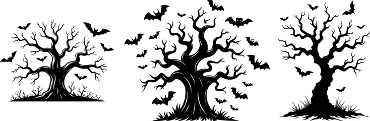 Spooky Halloween Tree Silhouette with Flying Bats – Haunted Forest Vector Set