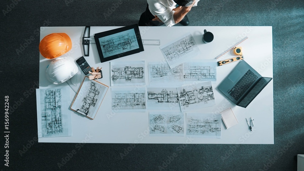 Poster top down view of engineer looking at tablet while using laptop to analysis building structure. aeria