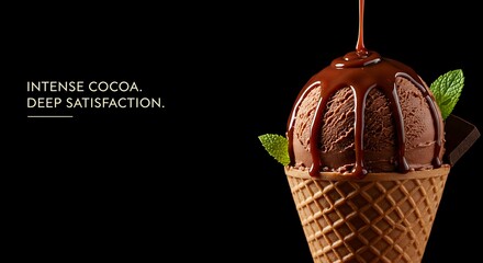 Chocolate ice cream cone with chocolate drizzle and mint leaves  