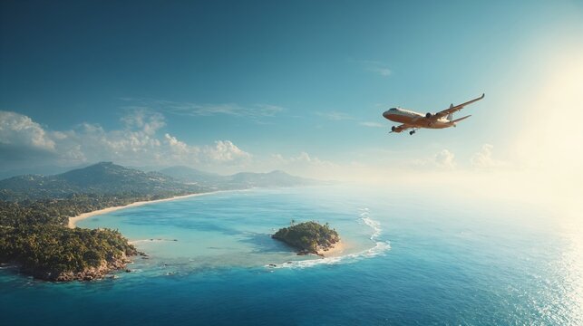 Airplane flying over tropical islands in blue ocean, aerial view of exotic vacation destination - Powered by Adobe
