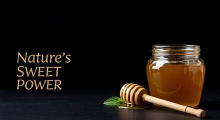 Honey jar with honey dipper and mint leaf on dark background  
