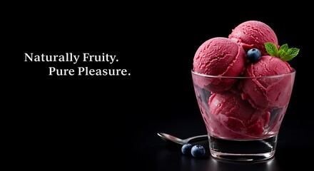 Red fruit sorbet in a glass bowl with blueberries and mint leaf  