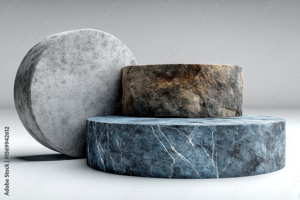Aufkleber abstract composition of three textured round blocks in concrete and marble