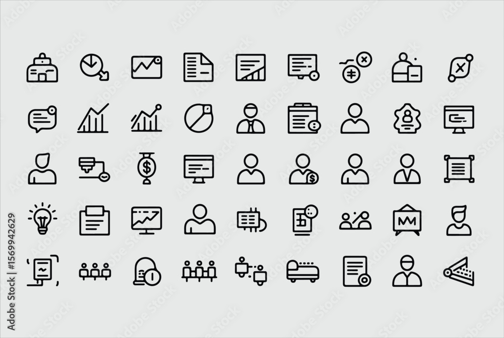 Poster collection of modern flat line icons representing business finance analytics and user interface elem