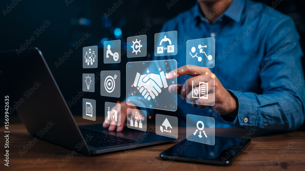 Poster a professional digital business interface with sleek ui elements, glowing data charts, dark blue gra