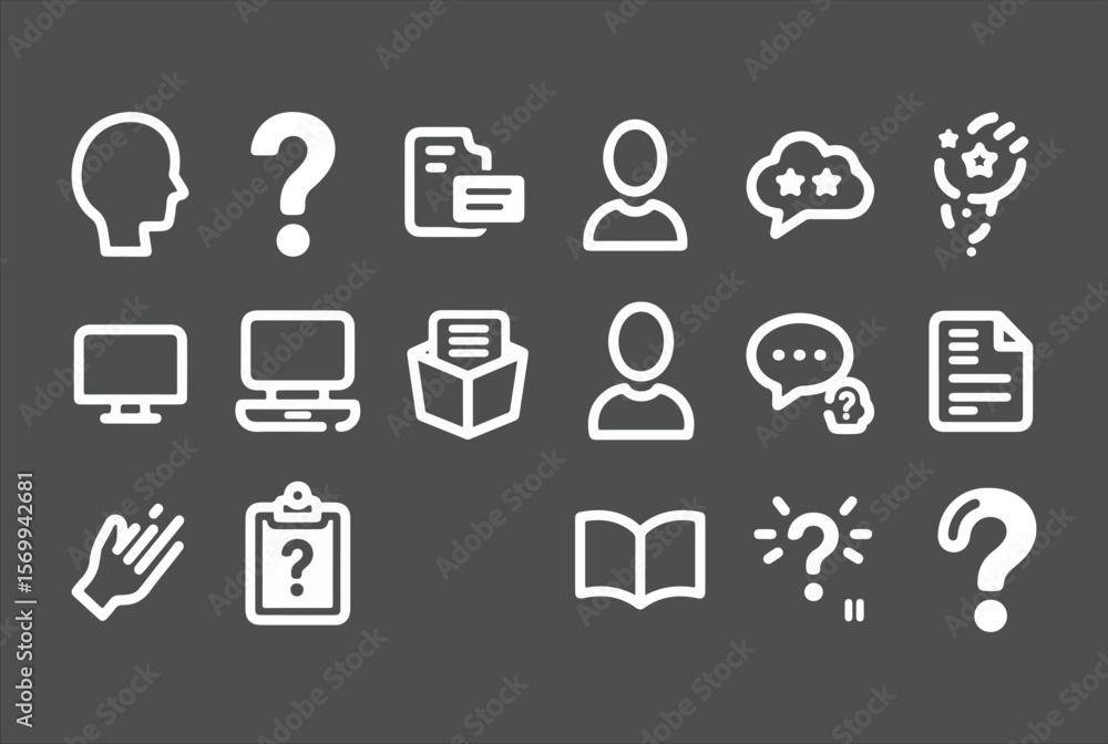 Poster collection of white line icons representing various concepts like questions documents computers peop