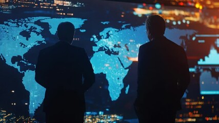 Businessmen analyze global financial data on a large digital world map display - Powered by Adobe